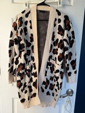 Leopard Print Open-Front Long Cardigan - Cream with Black & Brown Spots